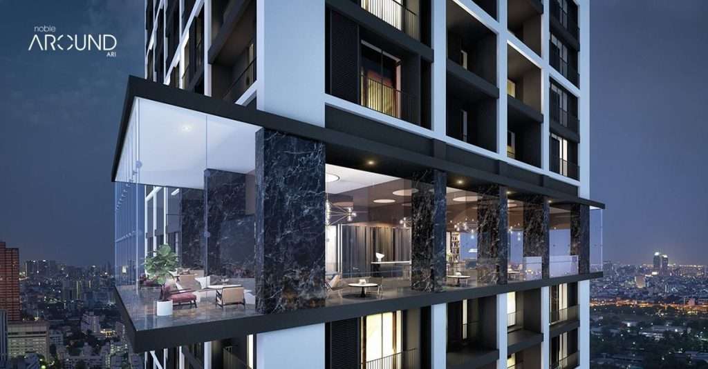 Noble Around Ari condominium exterior at night, Bangkok