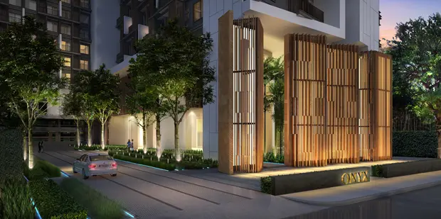 Onyx Phaholyothin condominium exterior at dusk, Bangkok